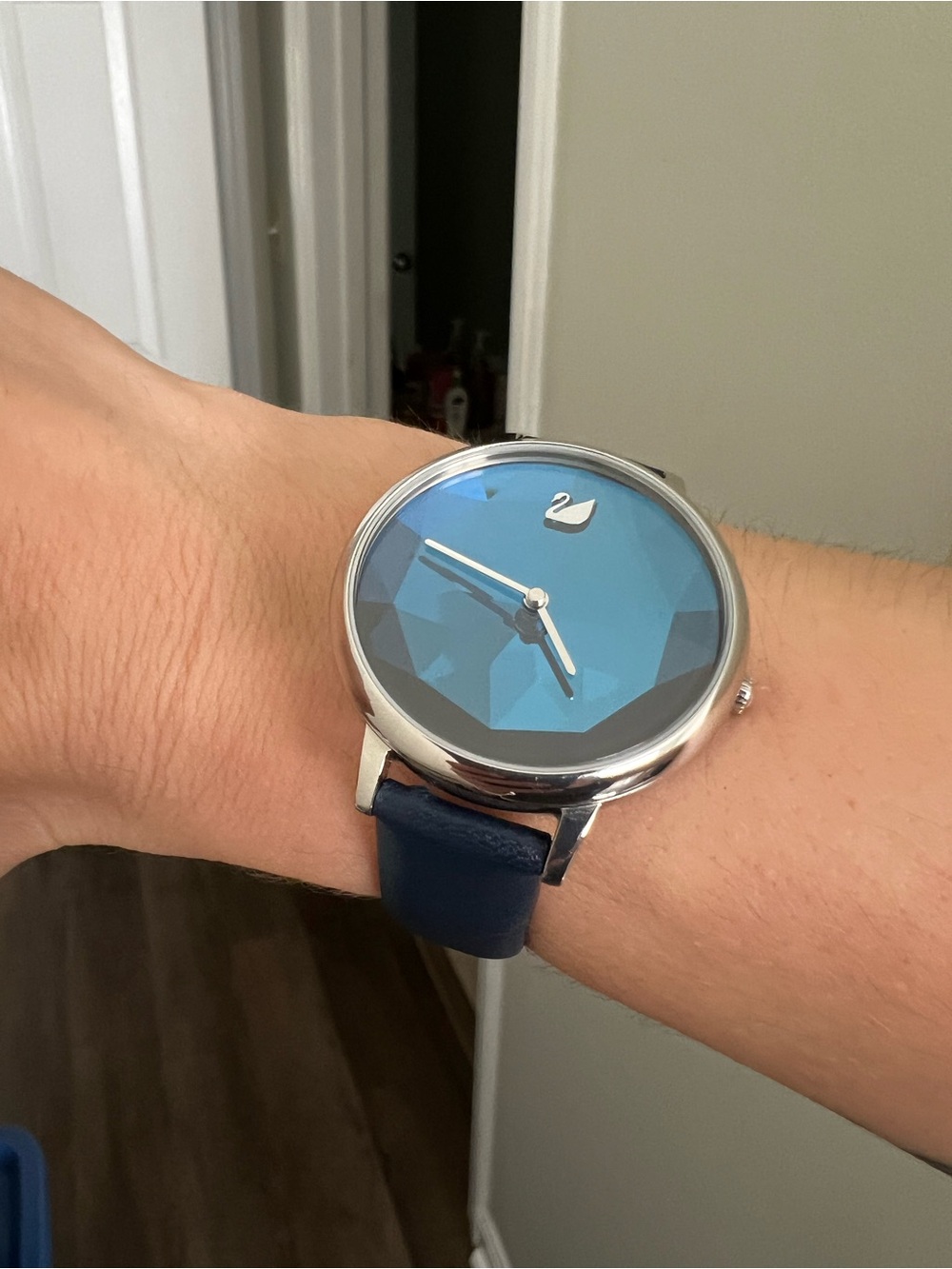 Swarovski Crystal Lake Blue Faceted Dial Watch with Navy Leather Strap